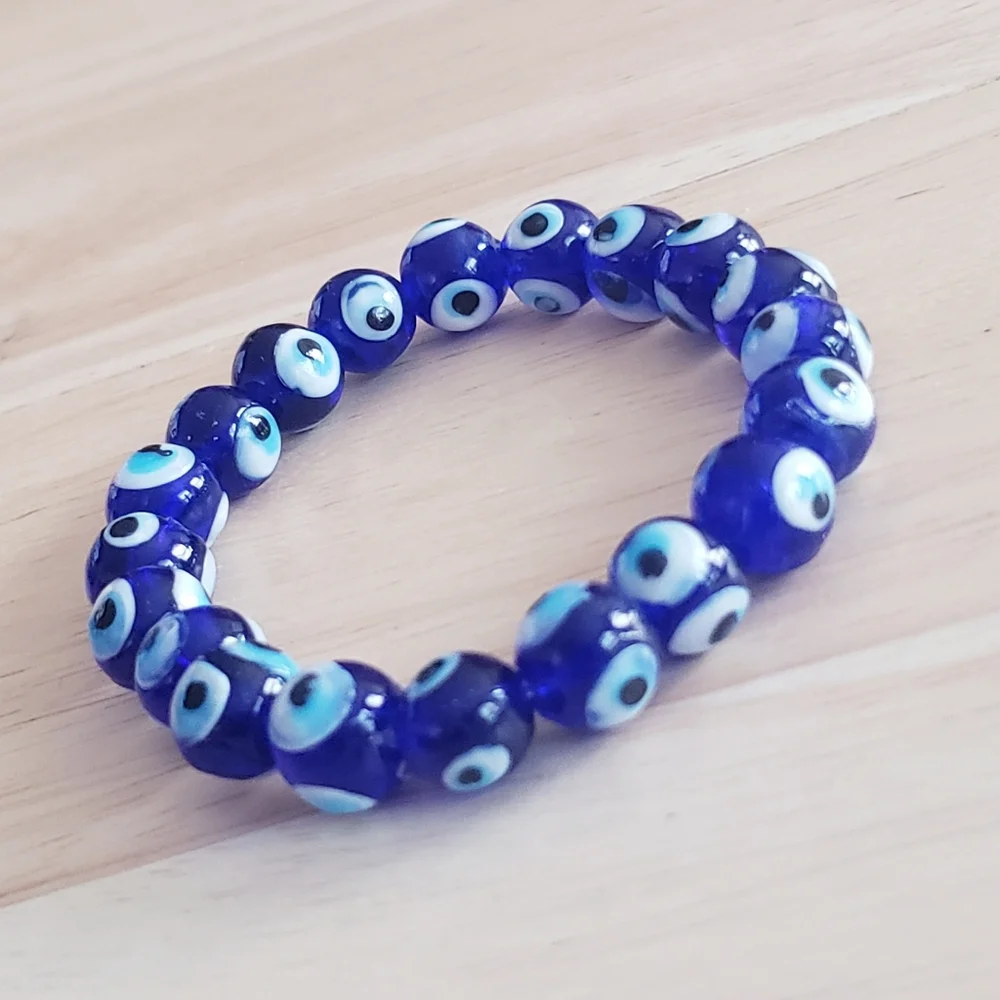 Glass Blue Evil Eye Stretchy Beaded Bracelet